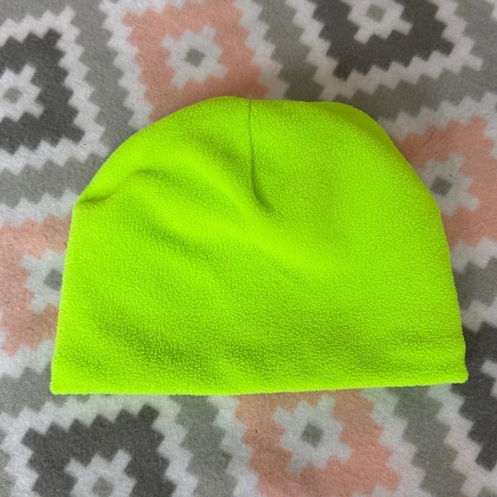 Reversible Camouflage Knit Beanie with lime green fleece lining one size unisex